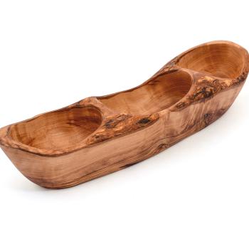 Olivenholz Knabberschale – Servierschale mit 3 Fächern für Snacks-Nüsse-Oliven – Handgefertigt-Antibakteriell-Robust-Unikat-33x10x3-7cm-Italien