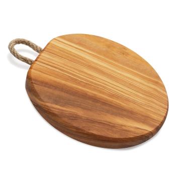 Rundes Olivenholzbrett mit Kordel – Servierbrett & Schneidebrett für Obst, Gemüse & Häppchen – 18x1,5cm, handgefertigt, MOCA-zertifiziert