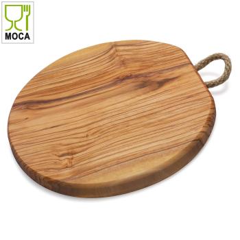 Preview: Rundes Schneidebrett Olivenholz 21x1,5cm - Robuster Küchenhelfer mit Kordel zum Aufhängen - Handgefertigt, schnittfest & langlebig - aus Italien