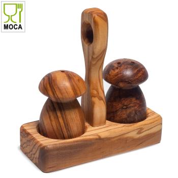 Preview: Olivenholz Salz- & Pfefferstreuer Set Pilzform - mit Griff-Halterung - 13x10cm - Handgefertigt, MOCA-zertifiziert aus Italien