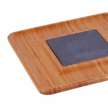 Preview: Bambus Käse-Tablett mit Schieferplatte - Edel Design Käseschneidebrett für Partys & Weinproben - 33x33x1,5cm - 100% Bambus Rahmen