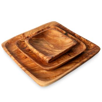 Olivenholz Schalen Set 3 quadratische Schüsseln - Elegant & formschön für mediterrane Kulinarik & Brotzeit - Handgefertigt in Italien, 11-15-20cm