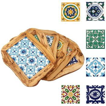 Olivenholz Brett mit Keramikeinsatz - Orientalisches Muster in Blau, Rot, Grün, Gelb - 42x30x1.5cm - Servier- & Schneidebrett aus Italien