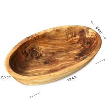 Preview: Olivenholz Schale oval - kleine Holzschale für Snacks Dips Süssigkeiten - 12x8x2,5cm - handgefertigt geölt Unikat aus Italien- MOCA-zertifiziert