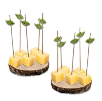 Holz-Untersetzer für Häppchen – mit 10 Holzspiessen (Blattverzierung) & Löchern für Apéro-Präsentation – 2er-Set Naturrand & Jahresringe Braun 20x15cm