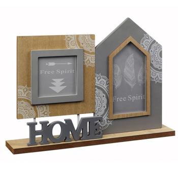 Fotorahmen Home aus Holz - Braun Grau mit weissen Ornamenten - für 2 Fotos 40x6x29cm - MDF Material mit Standfläche - dekoratives Duo
