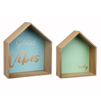 Wanddekoration 2er-Set Häuschen aus Holz - Pastell Türkis Grün mit goldener Aufschrift "Good Vibes only" - 11x35x30cm MDF