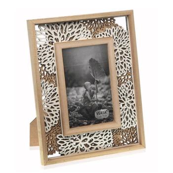 Preview: Fotorahmen mit filigranen Ornamenten - Holzfaserplatte, 10x15cm, braun-weiss - 3D-Blumendesign, Standfuss, einfachem Bildwechsel - Für Fotos, Zitate & Bilder