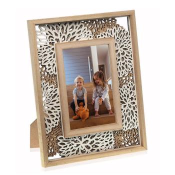 Fotorahmen mit filigranen Ornamenten - Holzfaserplatte, 10x15cm, braun-weiss - 3D-Blumendesign, Standfuss, einfachem Bildwechsel - Für Fotos, Zitate & Bilder