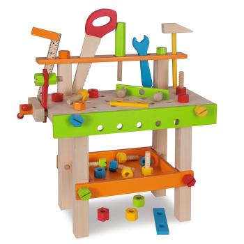 Kinder Werkbank aus Lindenholz 49 Teile - Spielzeug für Rollenspiele & Feinmotorik - Inkl. Werkzeug, Ablagen - 19x42x39cm - Ab 3 Jahren