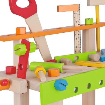 Preview: Kinder Werkbank aus Lindenholz 49 Teile - Spielzeug für Rollenspiele & Feinmotorik - Inkl. Werkzeug, Ablagen - 19x42x39cm - Ab 3 Jahren