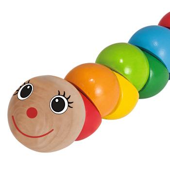 Preview: Greifling Raupe aus Hartholz - Biegewurm mit bunten Gliedern & aufgemaltem Gesicht - Feinmotorik & Koordination - Holzspielzeug für Kinder ab 1 Jahr