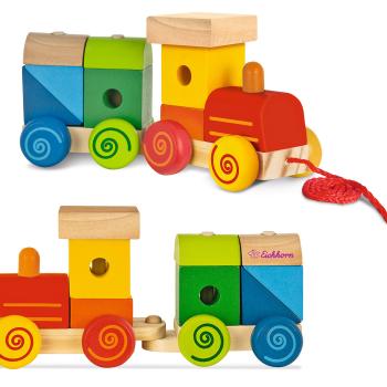 Holz Zug mit Sound - Eisenbahn Spielzeug für Kinder ab 1 Jahr - 11 bunte Bausteine aus Birke/Kiefer - 17cm lang - Schult Motorik & Kreativität