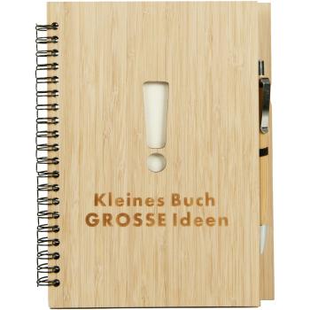 Notizbuch mit Bambus-Cover - "Kleines Buch, grosse Ideen" mit Kugelschreiber-Halter-Gummi - A5-Format, 60 Seiten (120 beschreibbar), hellbraun, 80gm2-Papier