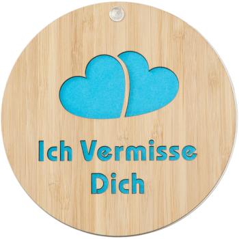 Grusskarte aus Bambus "Ich vermisse Dich" - Laser-Gravur Türkis - Klappkarte 14x14cm - Nostalgisches Geschenk für persönliche Nachrichten