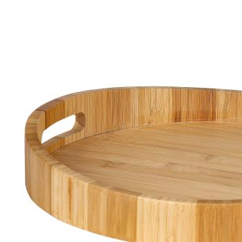 Preview: Rundes Bambus Tablett - Stilvolles Servieren & Dekorieren - Zeitloses Design, Holzmaserung, Rand & Griffe - 35x35x5cm - Hellbraun