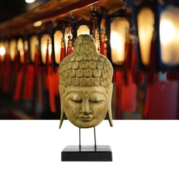 Preview: Buddha-Maske auf Ständer aus Albesia-Holz - Handgefertigt, detailreiche Gesichtszüge, 65 cm Höhe - Exotische Deko mit asiatischem Flair