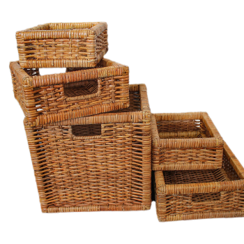 Preview: Rattankörbe-Set 5-teilig eckig – Stabiles Rattan-Geflecht mit Tragegriffen – Stapelbar zur Aufbewahrung & Dekoration – Braun – 22/28/29 cm