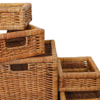 Preview: Rattankörbe-Set 5-teilig eckig – Stabiles Rattan-Geflecht mit Tragegriffen – Stapelbar zur Aufbewahrung & Dekoration – Braun – 22/28/29 cm