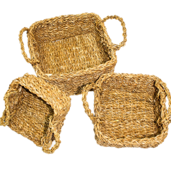 Seegras Körbe-Set 3-teilig - Viereckige Aufbewahrungskörbe mit 2 Henkeln - Braunes Webmuster für Landhaus-Stil & Deko - Stapelbar - 18/23/29cm