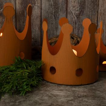 Preview: Kerzenhalter Set 3-teilig Krone - Rostoptik Vintage Deko für Garten Balkon Terrasse - inkl. 3 Grössen: 18/15/11cm - Ideal für Kerzen & Pflanzen