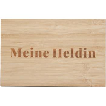 Grusskarte aus Bambus - Meine Heldin Schriftzug - Handgeschrieben mit Stift Tusche Schreibfeder - Edle Holzmaserung 9x14x0.3cm Hellbraun