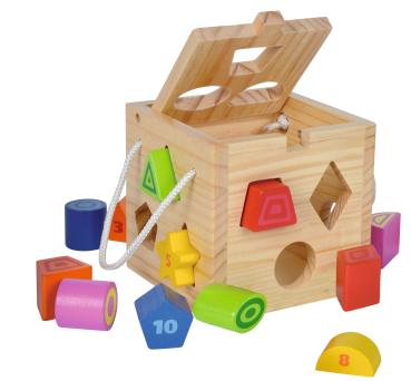 Holz Steckwürfel - 13-teiliger Motorikwürfel für Kleinkinder ab 1 Jahr - Birken- & Lindenholz, 15x15x15cm, aufklappbar, farbenfroh, Trage-Kordel