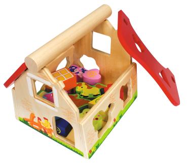 Preview: Buntes 15-tlg. Steckhaus aus Kiefernholz: Bauernhof-Design (20x18x18cm) – Fördert Kreativität & Fantasie, spielerisch Lernen