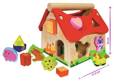 Preview: Buntes 15-tlg. Steckhaus aus Kiefernholz: Bauernhof-Design (20x18x18cm) – Fördert Kreativität & Fantasie, spielerisch Lernen