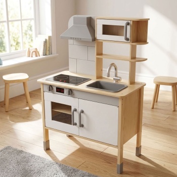 Holz-Spielküche für Kinder - Detailgetreue Kinderküche mit Herd Ofen Dunstabzug Drehknöpfen - Kiefer/Linde 36x69x99cm braun-weiss - Kreativität