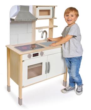 Preview: Holz-Spielküche für Kinder - Detailgetreue Kinderküche mit Herd Ofen Dunstabzug Drehknöpfen - Kiefer/Linde 36x69x99cm braun-weiss - Kreativität