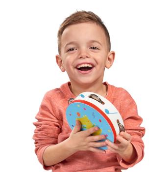 Preview: Tamburin Holz mit Stoff überzogen - Klangspielzeug Handtrommel für Kinder ab 1 Jahr - Musikinstrument mit Schellen - Fördert Kreativität