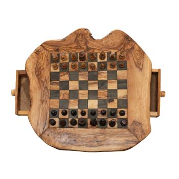 Olivenholz Schachbrett mit Figuren - Rustikales Strategiespiel & edle Dekoration - 40x40cm - Handgefertigt in Italien - Unikat Naturrand geölt