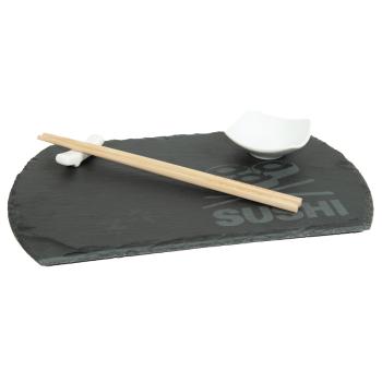 Sushi-Set Schieferplatte mit Füssen - Authentische Präsentation von Sushi & Sashimi - Bambus-Essstäbchen, Porzellan-Schälchen & Stäbchenablage - 30x18cm