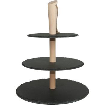 3-stufige Etagere aus Schiefer - Elegante Präsentation für Kuchen, Snacks & Tapas auf 3 Ebenen - Holzständer mit Trage-Kordel - Ø 30/25/20cm, Höhe 36cm