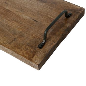 Preview: Servierbrett Mangoholz rechteckig - mit Metallgriffen für Tee Kaffee Gebäck Essen Tapas Käse Sushi - 40,5x22x6cm - Braun - Robust