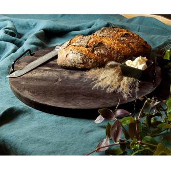 Preview: Rundes Schneidebrett aus Mangoholz - mit Metallgriffen für sicheres Servieren - Ø 40x6cm - Robust & widerstandsfähig für Küche & Gastronomie