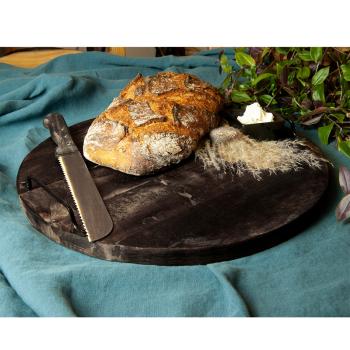 Preview: Rundes Schneidebrett aus Mangoholz - mit Metallgriffen für sicheres Servieren - Ø 40x6cm - Robust & widerstandsfähig für Küche & Gastronomie