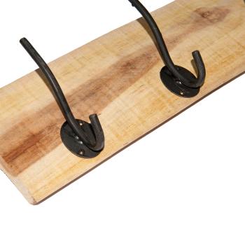 Preview: Garderobenleiste Teakholz Braun mit Naturrand - Rustikaler Look für Flur, Schlaf- & Kinderzimmer - 4 Metallhaken zum Aufhängen - Wandmontage