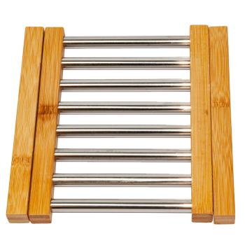 Ausziehbarer Topfuntersetzer aus Bambus mit Edelstahl-Streben - Schutz für Oberflächen vor Kratzern & Flecken - Braun/Silber - 21.5x22x2.2cm