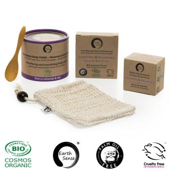 Preview: Spa Geschenkset 5-teilig Lavendel Rosmarin - Bio Peeling Shampoo Seife Säckchen Löffel Bambus - Nachhaltig vegan palmölfrei umweltfreundlich