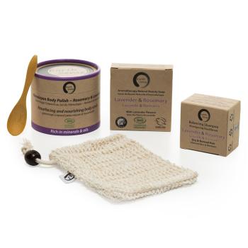 Spa Geschenkset 5-teilig Lavendel Rosmarin - Bio Peeling Shampoo Seife Säckchen Löffel Bambus - Nachhaltig vegan palmölfrei umweltfreundlich