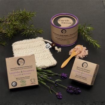 Preview: Spa Geschenkset 5-teilig Lavendel Rosmarin - Bio Peeling Shampoo Seife Säckchen Löffel Bambus - Nachhaltig vegan palmölfrei umweltfreundlich