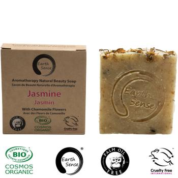 Preview: Feste Bio-Seife Jasmin & Kamille - Palmölfrei, Vegan & Handgefertigt - 100g, 72% kaltgepresste Bio-Öle - Natürliche Hautpflege für jeden Hauttyp