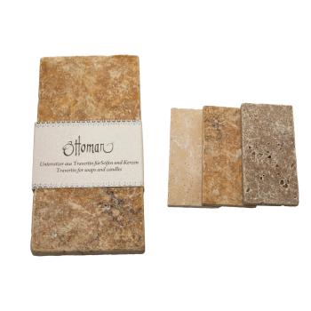 Preview: Seifenablage aus Travertin rechteckig - gold-gelb Naturstein handgefertigt - für feste Seifen Shampoos - 14,5 x 7 cm hygienisch schick