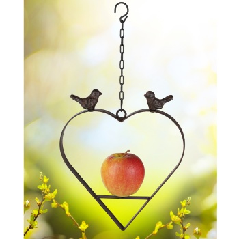 Preview: Vogelfutterstation Herzform - Gusseisen, mit Futterspiess für Meisenknödel/Äpfel, Vögelchen Deko - 23,5x2x25,5cm - Garten, Balkon, Terrasse