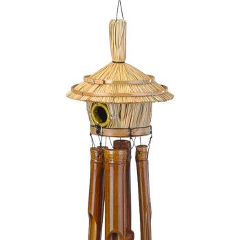 Preview: Vogelhaus mit Windspiel aus Bambus - für entspannende Klänge & tierische Besucher im Garten - Aussendekoration - Braun, 90x60x90 cm