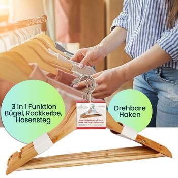 Preview: 40 Holz Kleiderbügel - platzsparend, drehbarer Haken, 3 in 1 Funktion für Röcke & Hosen - Tanne/Kiefer/Ahorn - braun/natur/silber