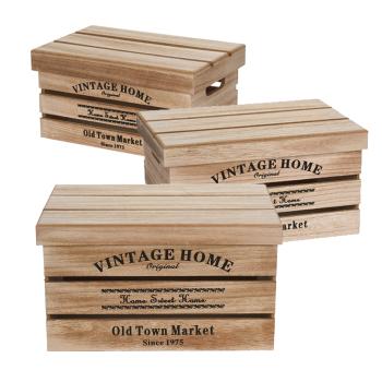 Deko-Holzkisten 3er-Set mit Deckel - Ineinander stapelbar & Vintage Landhaus-Stil - Braun/Schwarz aus Paulownia-Holz - 42x32x23.5cm - Vielseitig