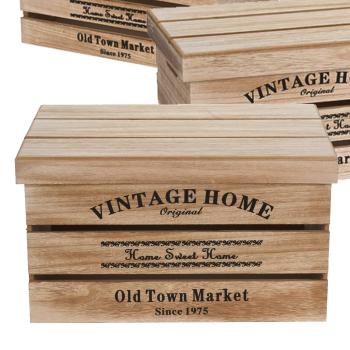 Preview: Deko-Holzkisten 3er-Set mit Deckel - Ineinander stapelbar & Vintage Landhaus-Stil - Braun/Schwarz aus Paulownia-Holz - 42x32x23.5cm - Vielseitig